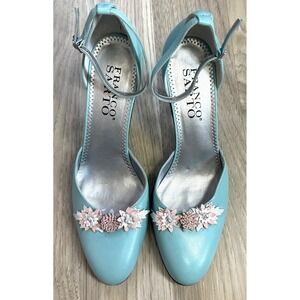 Franco Sarto Women 9M Blue Leather Floral Ankle Strap Pumps Coquette Wedding